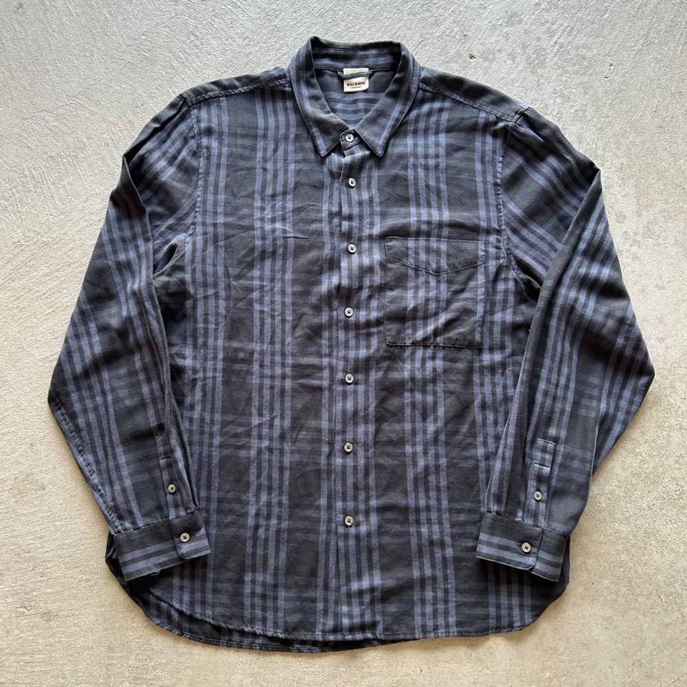 Baldwin Kansas City Flannel Shirt Mens XL Black Blue Plaid Cotton Striped Tencel